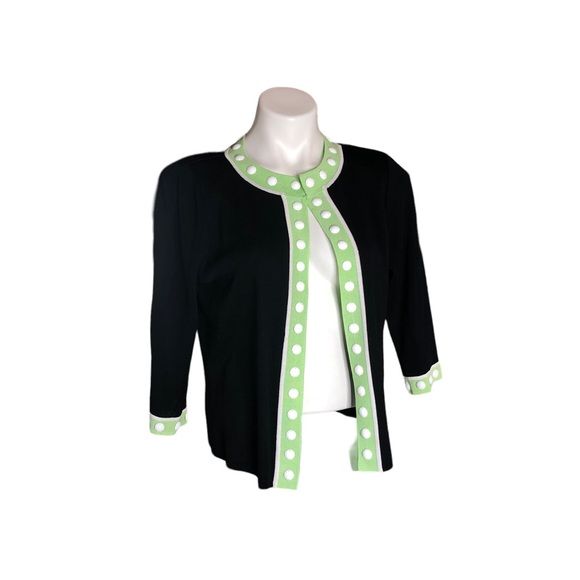 Ming Wang Black Knit Cardigan with Lime Green Trim and White Bead Accents - Picture 3 of 16